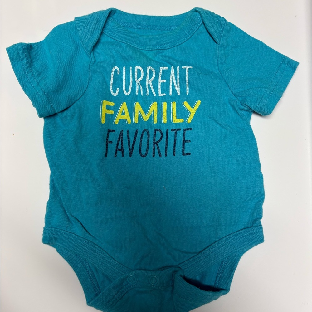 Circo Turquoise Baby One-Piece with 'Current Family Favorite' Text